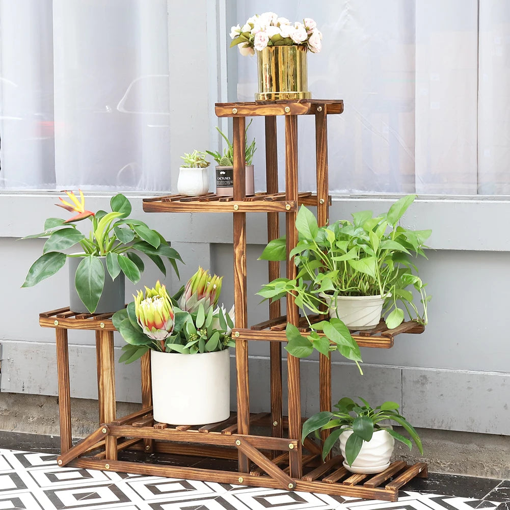 6 Tiered Wood Plant Stand Indoor Outdoor Garden Patio