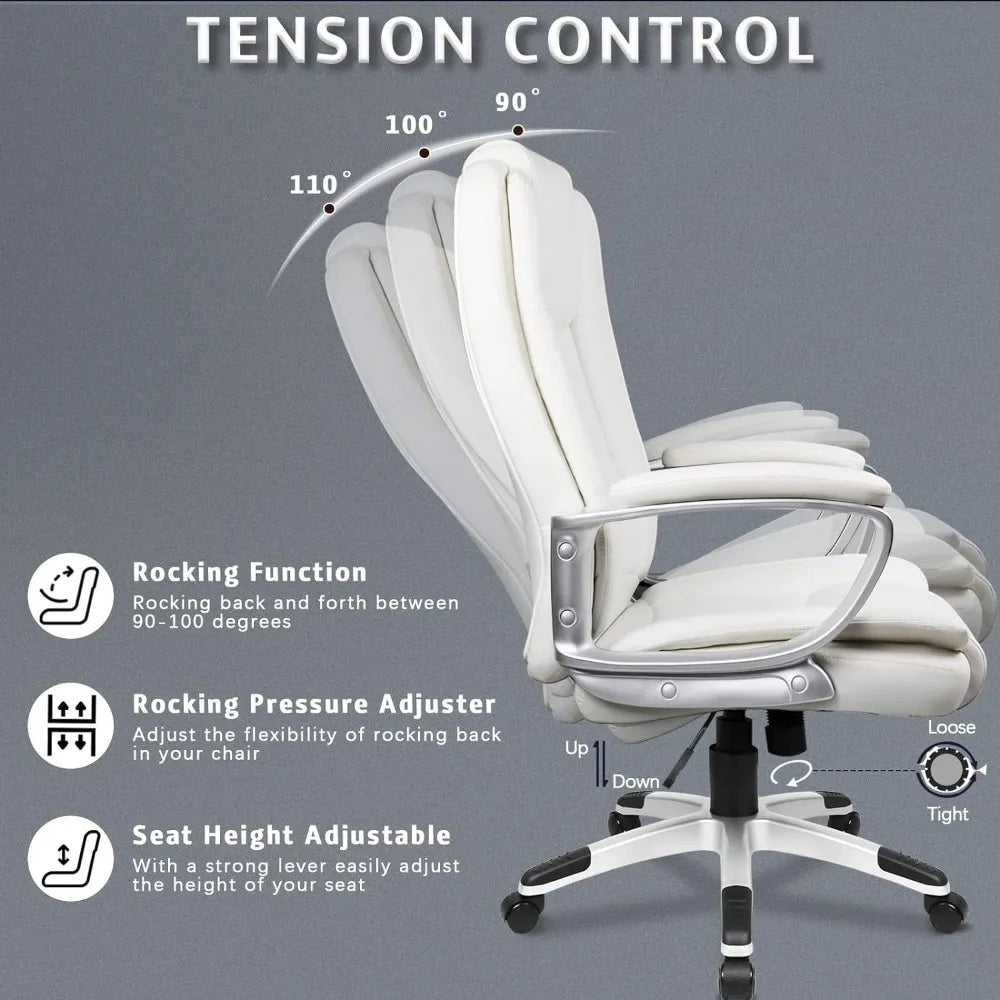 Office Desk Chair,Big and Tall Managerial Executive,High Back,Ergonomic Adjustable Height PU Leather with Cushions Armrest White