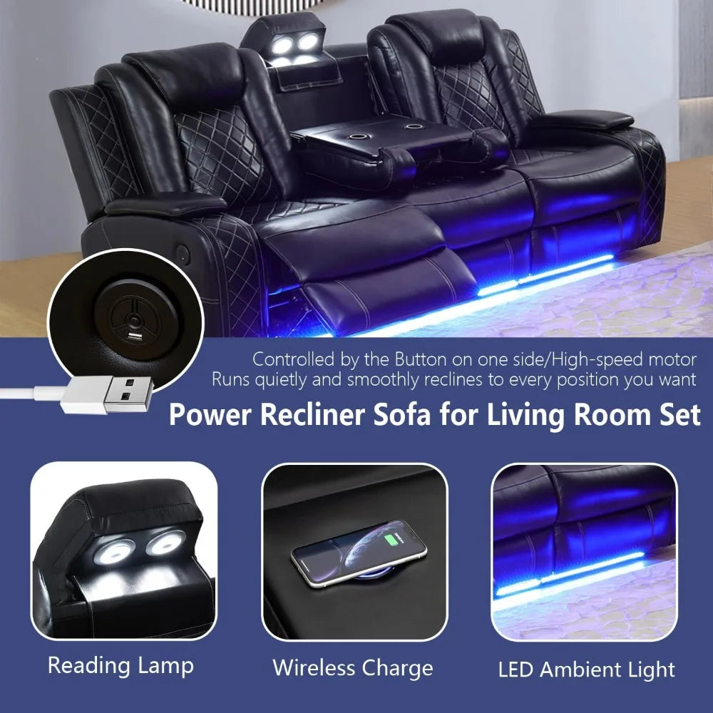 Power Leather Reclining Sofa Set for Living Room