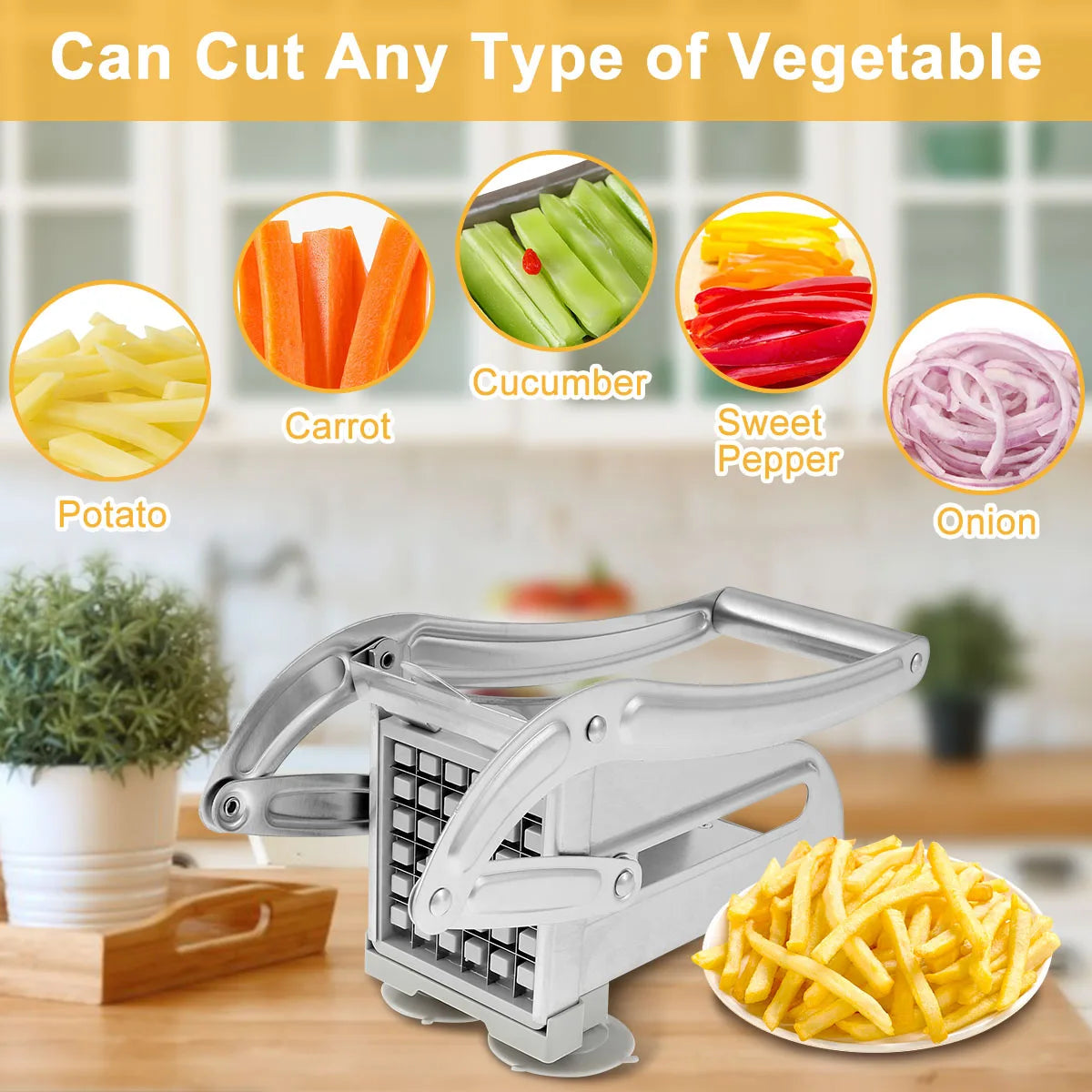 French Fry Cutter Stainless Steel Potato Chipper Blades Manual Food Slicer Dicer Multifunction Vegetable Fruit Onion Chipper