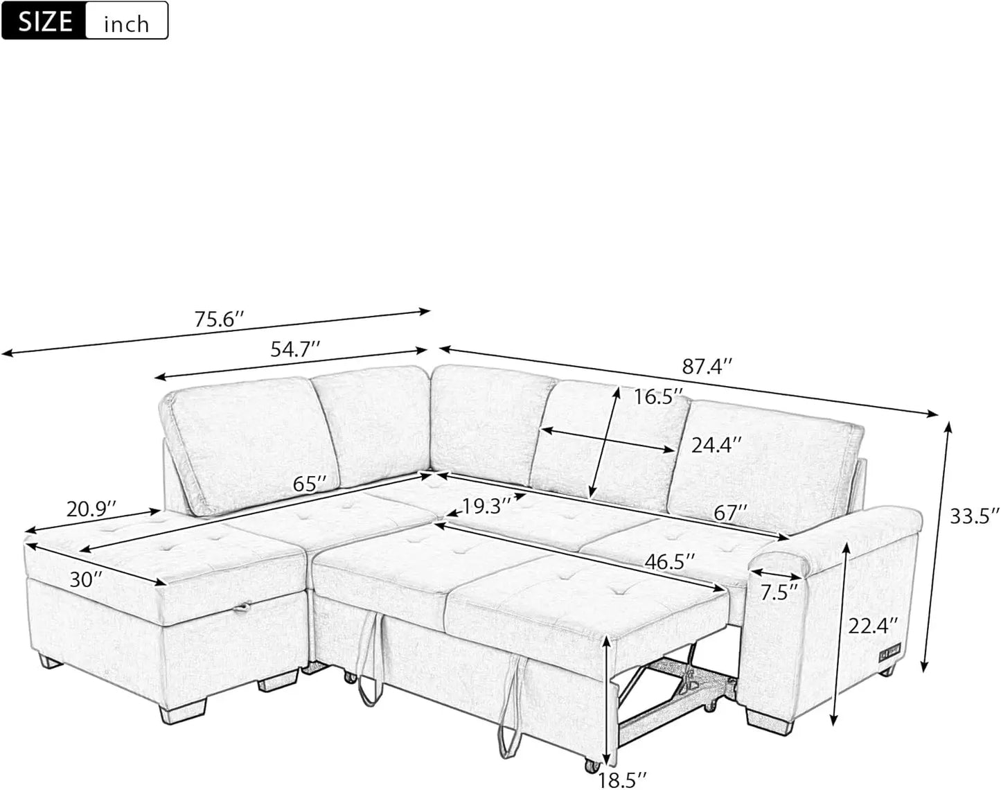 Sleeper Sectional Sofa Bed with Storage Ottoman