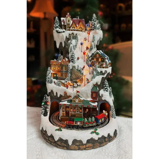 Christmas Village Buildings, 20.5 Inch High Resin Ski Resort Mountain, Featuring LED Lights, Christmas Music and Animated Train