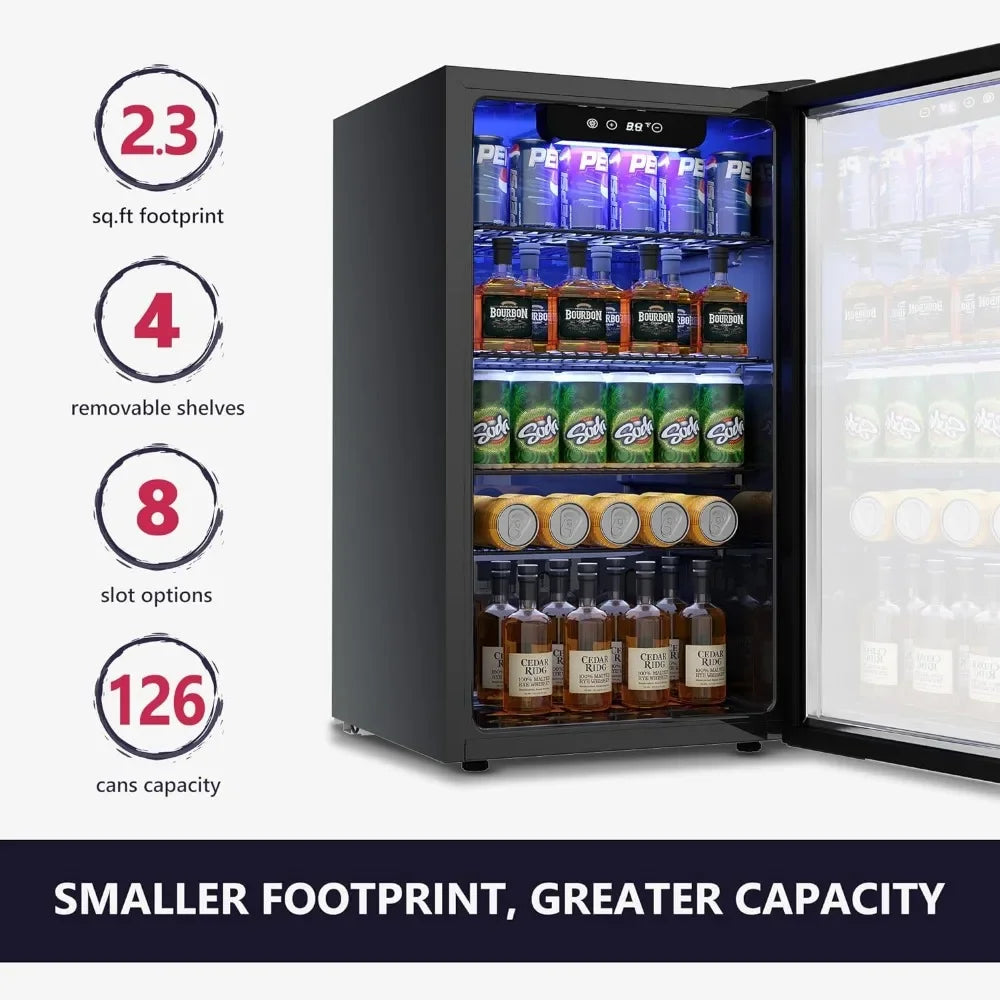 Beverage Refrigerator, 126 Can Mini Fridge With Glass Door, Adjustable Removable Shelves, Refrigerator Display Case