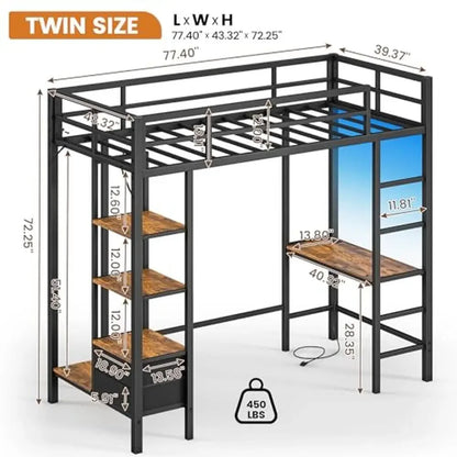 Twin Metal Loft Bed with Desk LED Lights Storage Shelves Fabric Drawers Charging Station Twin Size Black Farmhouse Modern Easy