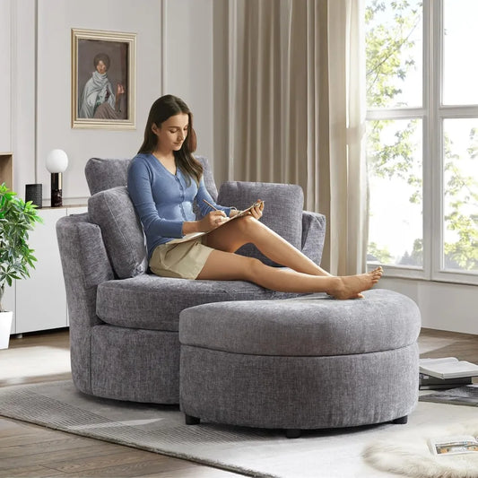 Swivel Chair with Half Moon Storage Ottoman,42'' W Chenille Oversized Swivel Accent Chair,Comfy Round Swivel Barrel Chair