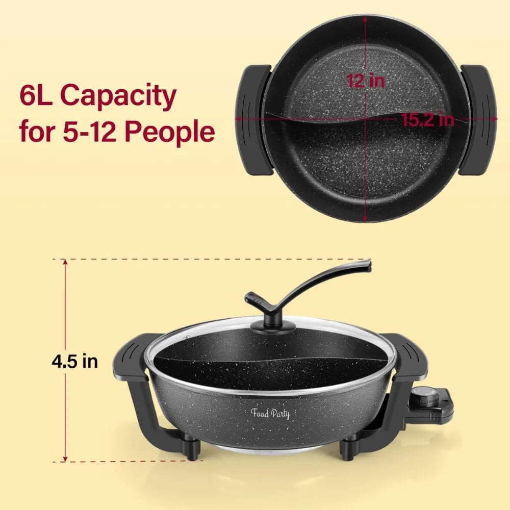 Electric Hot Pot with Divider Hotpot Pot Electric Cooker Shabu Shabu Pot 110V Non-Stick 6L BPA FREE Fondue