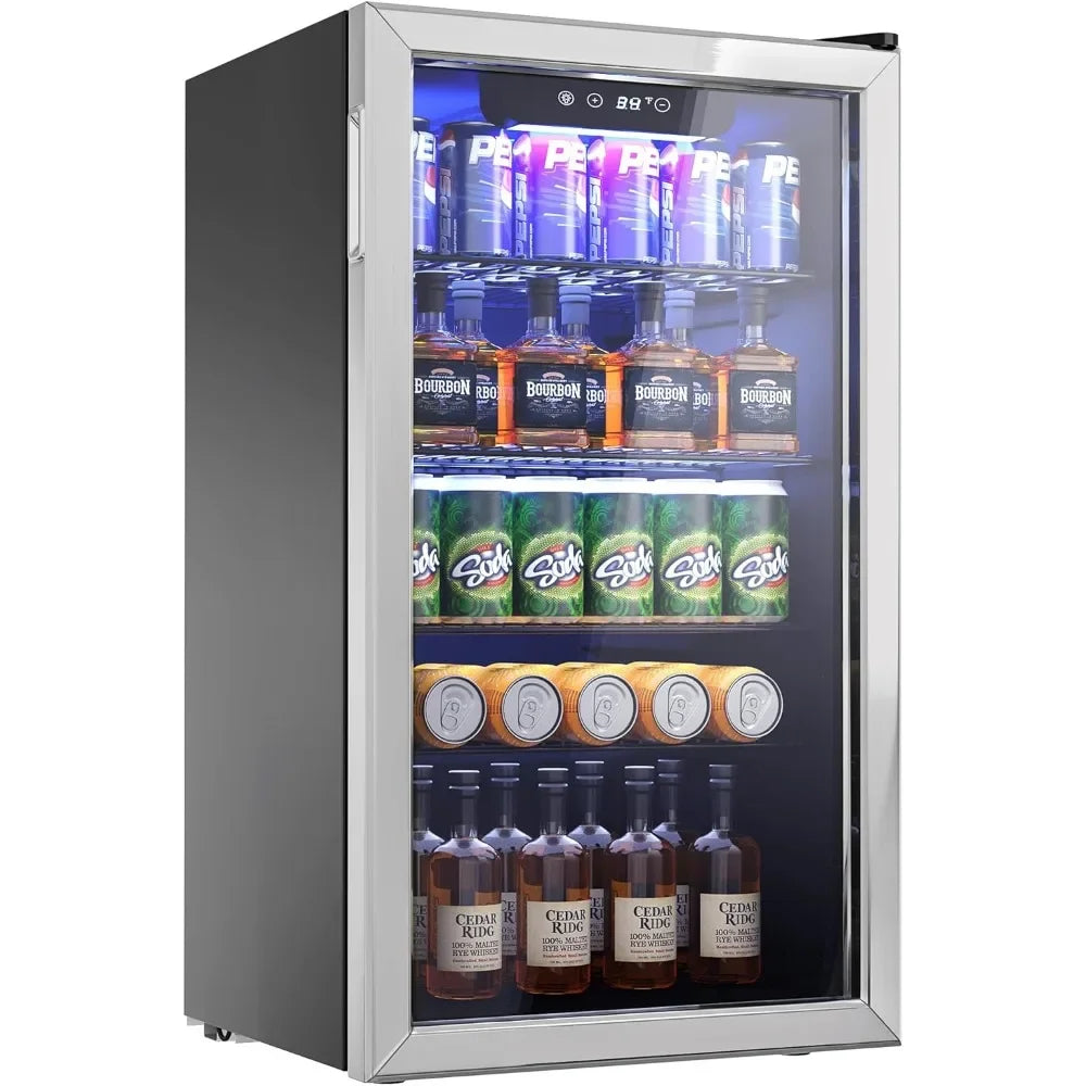 Beverage Refrigerator, 126 Can Mini Fridge With Glass Door, Adjustable Removable Shelves, Refrigerator Display Case