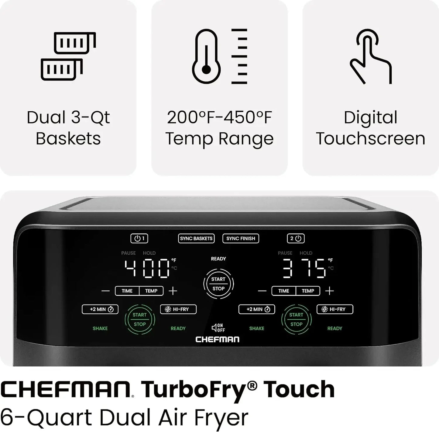 Chefman 6 Quart Dual Basket Air Fryer - Digital Touchscreen, Smart Sync Finish, Hi-Fry, Auto Shutoff, 2 Independent 3QT Nonstick