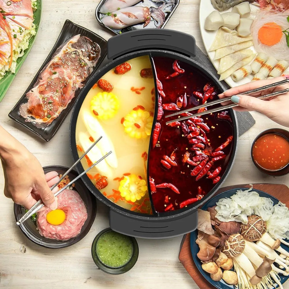 Electric Hot Pot with Divider Hotpot Pot Electric Cooker Shabu Shabu Pot 110V Non-Stick 6L BPA FREE Fondue