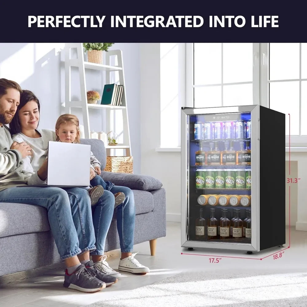 Beverage Refrigerator, 126 Can Mini Fridge With Glass Door, Adjustable Removable Shelves, Refrigerator Display Case