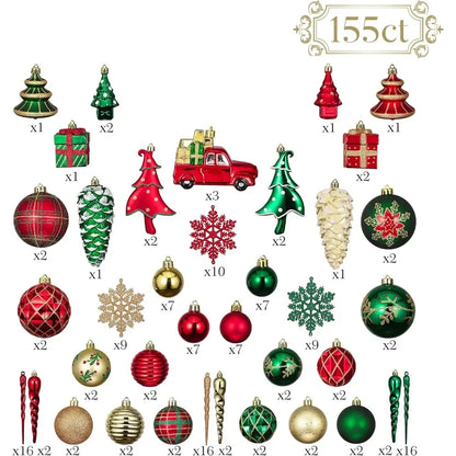 Christmas Tree Ornaments Set, 155ct Red Green and Gold Shatterproof Christmas Tree Decorations Bulk, Traditional Country Hanging