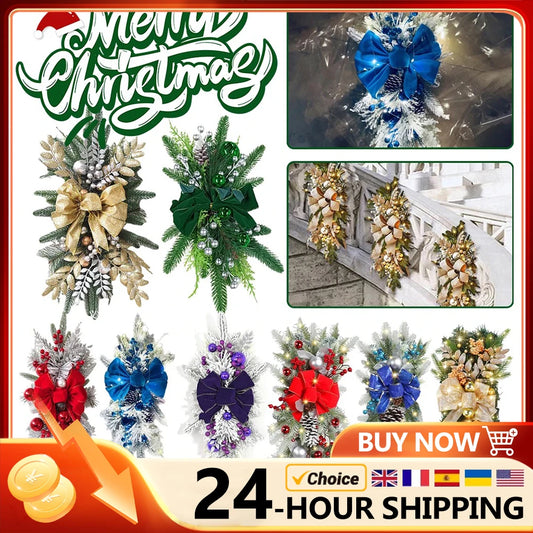 Christmas Swag Wreath Pendants LED Artificial Stairs Decoration Wreath Garland Ornament  for Front Door Wall Window Party Suppli