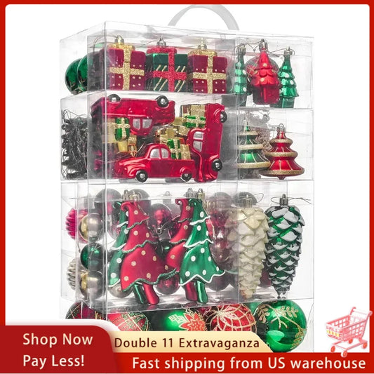 Christmas Tree Ornaments Set, 155ct Red Green and Gold Shatterproof Christmas Tree Decorations Bulk, Traditional Country Hanging