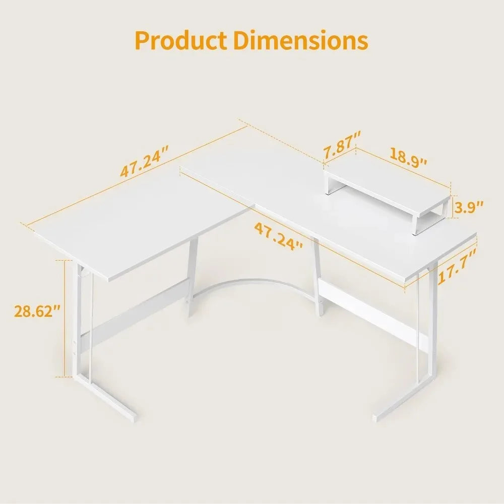 L Shaped Gaming Desk Computer Office Desk, 47 inch Corner Desk with Large Monitor Stand for Home Office Study Writing