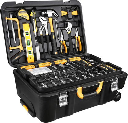 DEKO 258 Piece Tool Kit with Rolling Tool Box Socket Wrench Hand Tool Set Mechanic Case Trolley Portable