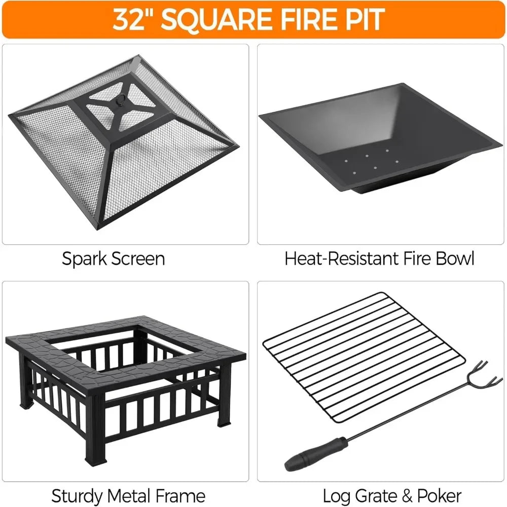 Fire Pit Table 32in Square Metal Firepit Stove Backyard Patio Garden Fireplace for Camping, Outdoor Heating, Bonfire and Picnic