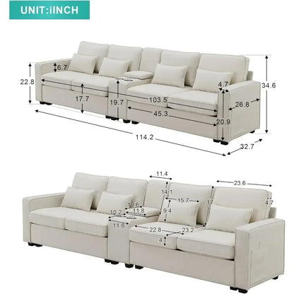 Upholstered Sectional Sofa with Console, Holders and USB Ports & Wirelessly Charged, for Living Room, Apartment,Office,114.2inch