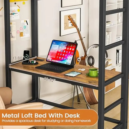 Twin Metal Loft Bed with Desk LED Lights Storage Shelves Fabric Drawers Charging Station Twin Size Black Farmhouse Modern Easy