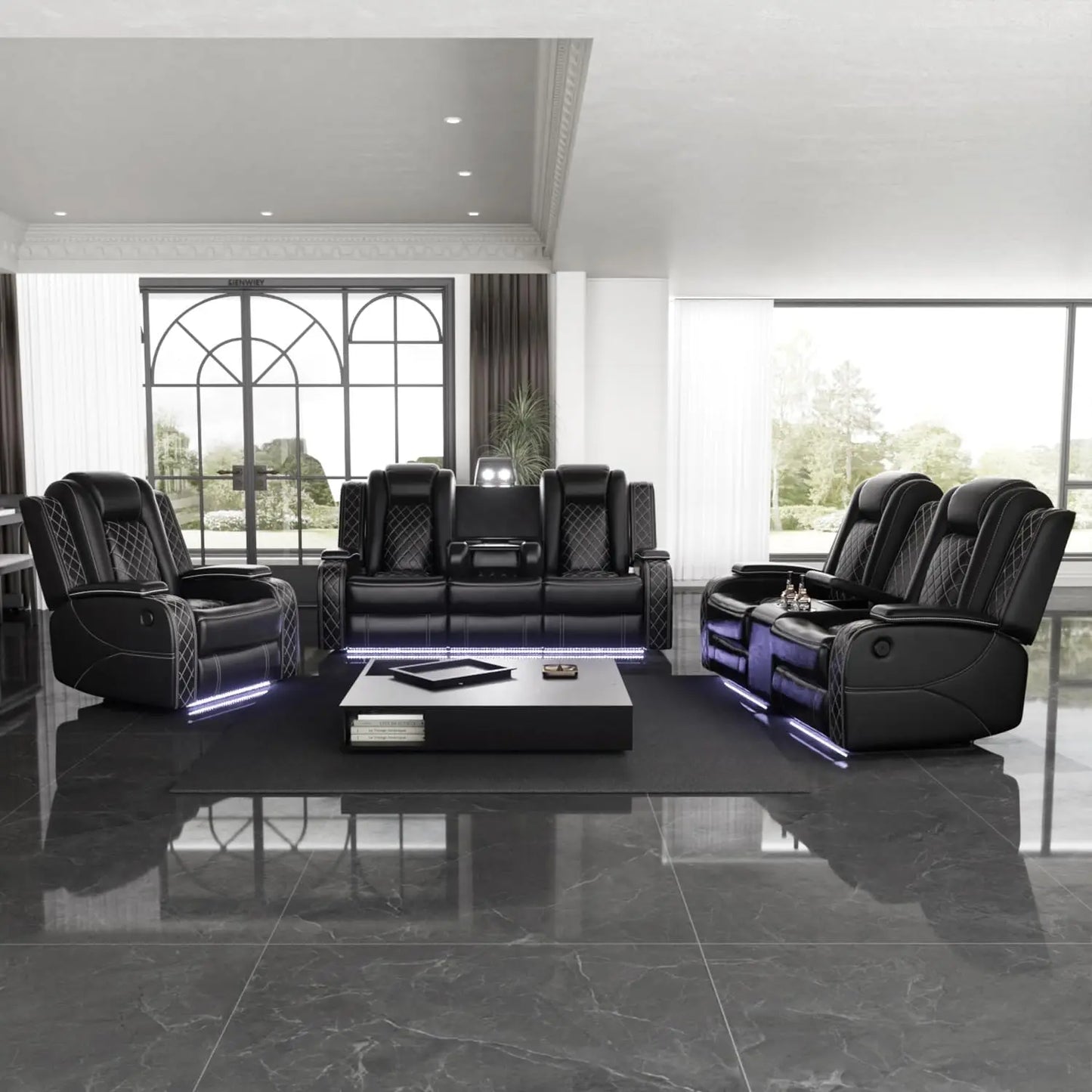 Power Leather Reclining Sofa Set for Living Room