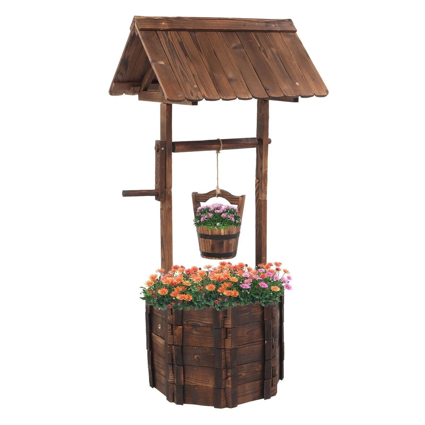 Wooden Wishing Well Planter With Hanging Pail