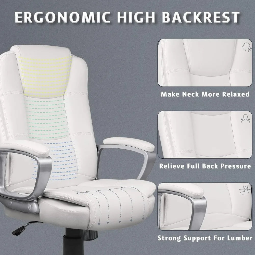 Office Desk Chair,Big and Tall Managerial Executive,High Back,Ergonomic Adjustable Height PU Leather with Cushions Armrest White