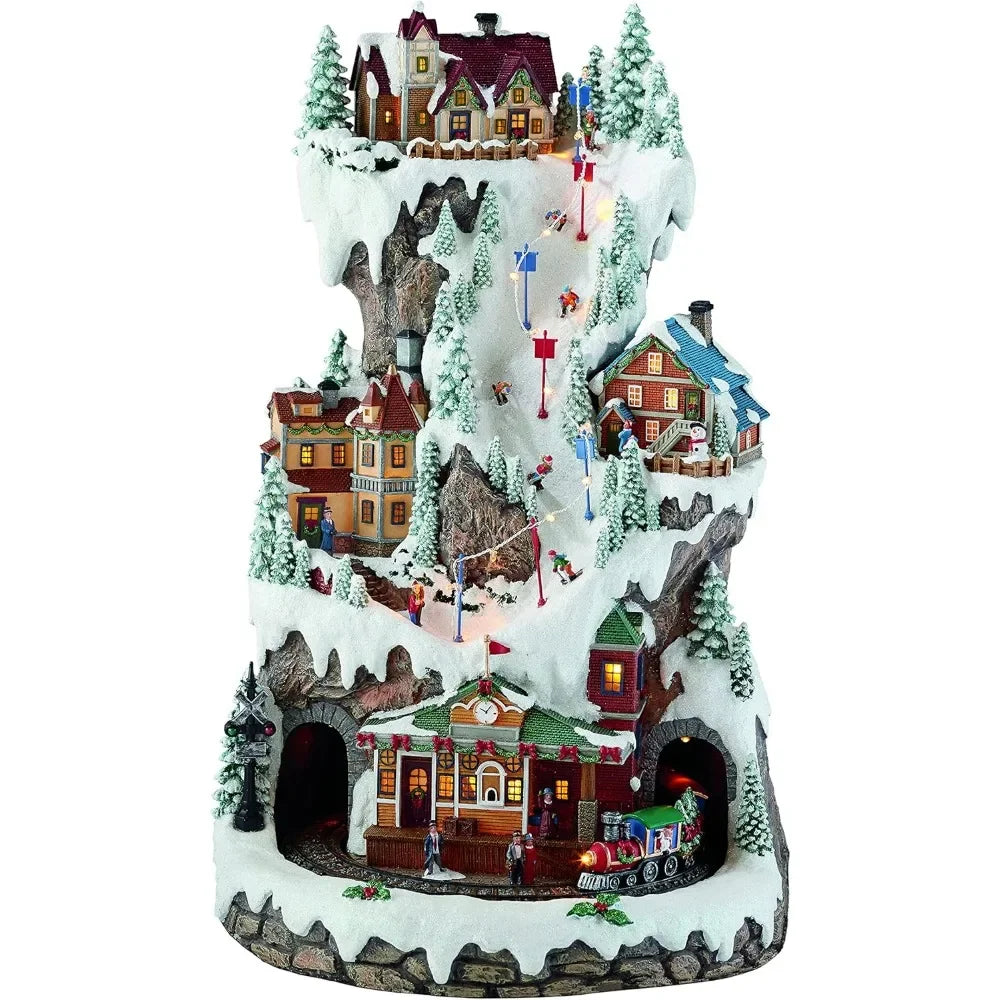 Christmas Village Buildings, 20.5 Inch High Resin Ski Resort Mountain, Featuring LED Lights, Christmas Music and Animated Train