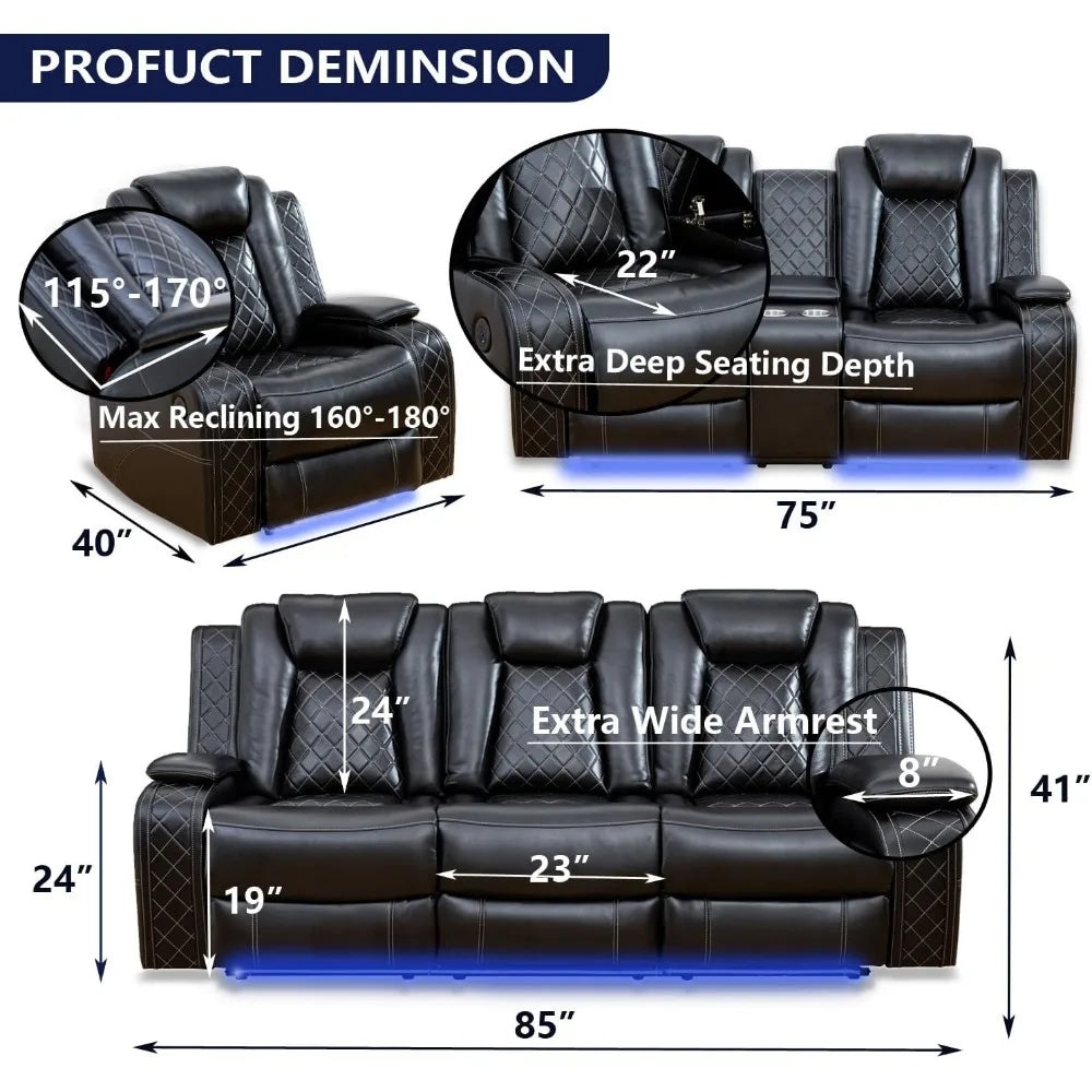 Power Leather Reclining Sofa Set for Living Room