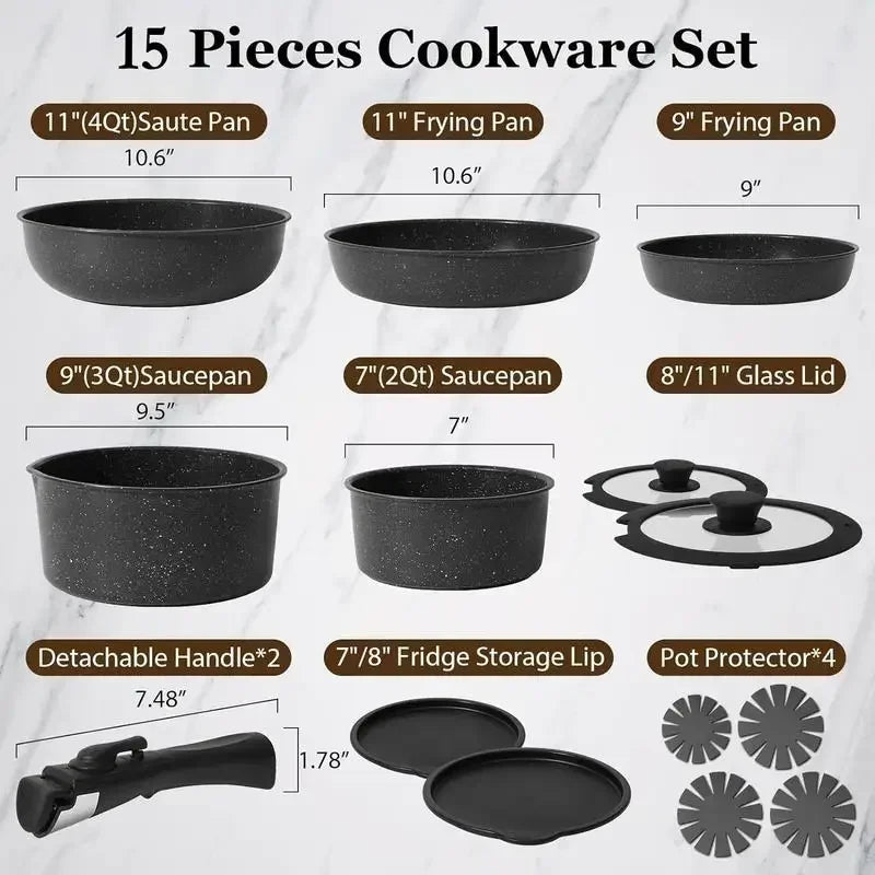 15pcs Pots and Pans Set Nonstick - Kitchen Cookware Set with Detachable Handle, Induction Cookware, Dishwasher Oven Safe