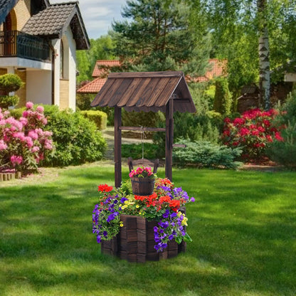 Wooden Wishing Well Planter With Hanging Pail