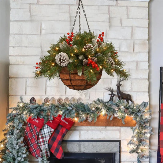 Artificial Christmas Hanging Basket with LED Lights