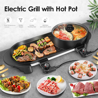 Grill Indoor Hotpot Pot Electric Combo,  Pot with Divider KBBQ Grill Smokeless Non-sti