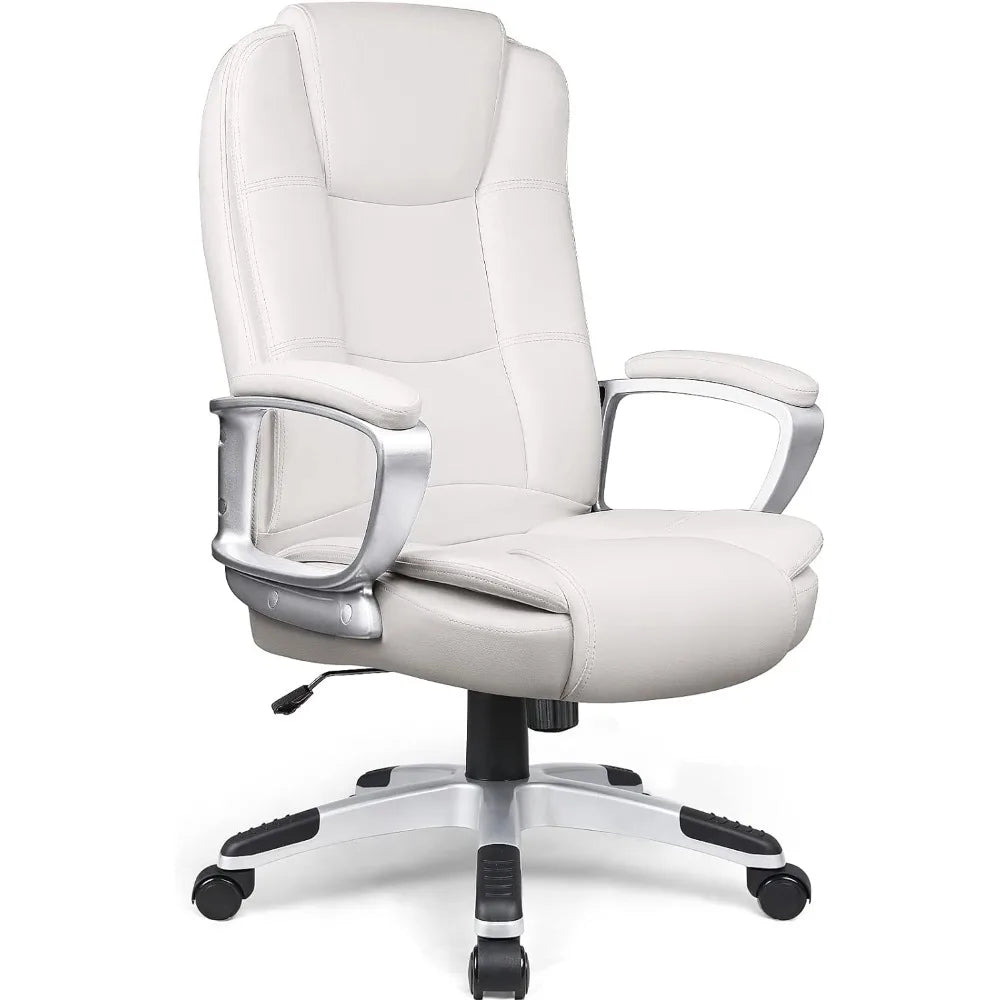 Office Desk Chair,Big and Tall Managerial Executive,High Back,Ergonomic Adjustable Height PU Leather with Cushions Armrest White