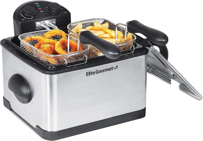 Gourmet EDF-401T Electric Immersion Deep Fryer 3-Baskets, 1700-Watt, Timer Control, Adjustable Temperature, Lid with Viewi