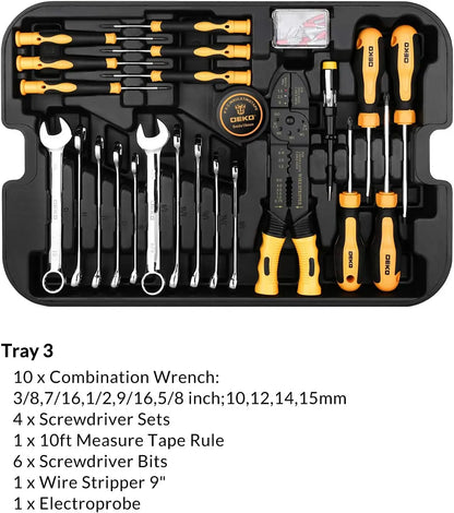 DEKO 258 Piece Tool Kit with Rolling Tool Box Socket Wrench Hand Tool Set Mechanic Case Trolley Portable