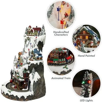 Christmas Village Buildings, 20.5 Inch High Resin Ski Resort Mountain, Featuring LED Lights, Christmas Music and Animated Train