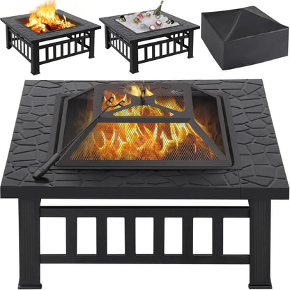 Fire Pit Table 32in Square Metal Firepit Stove Backyard Patio Garden Fireplace for Camping, Outdoor Heating, Bonfire and Picnic