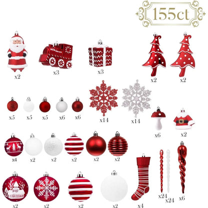 Christmas Tree Ornaments Set, 155ct Red and White Shatterproof Decorations Bulk, Traditional Hanging Ball Ornaments