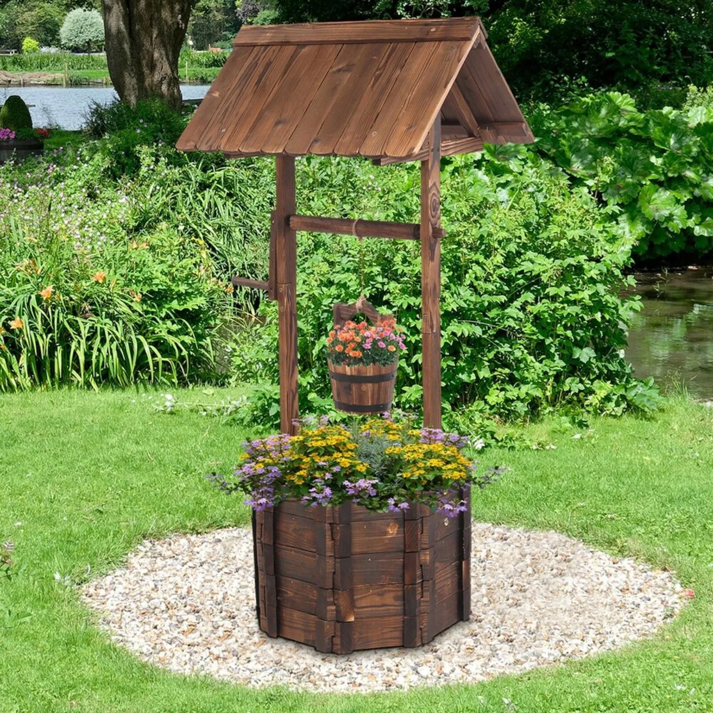 Wooden Wishing Well Planter With Hanging Pail