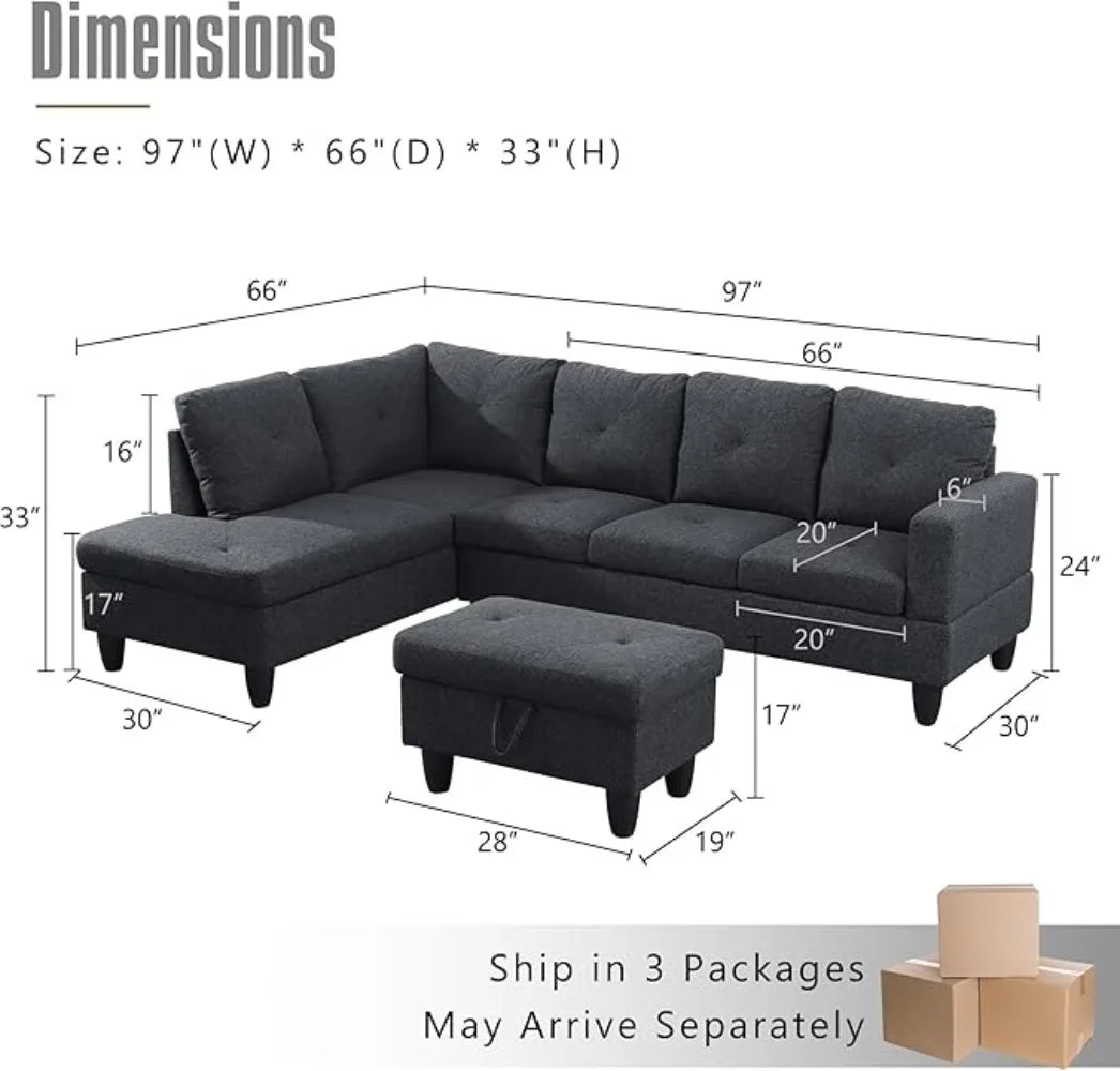 97" W Sectional Couches for Living Room Flannel Modular Sectional Sofa Set