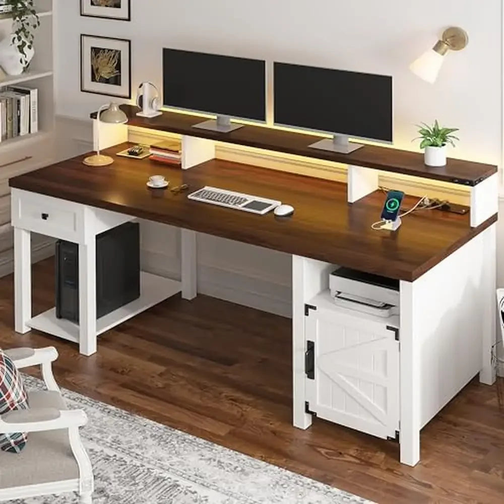 55" Reversible Computer Desk with Drawers USB Outlets Rustic Farmhouse Style Wood Office Desk