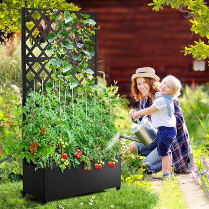 Metal Planter Box with Lattice Trellis for Climbing Plants, Galvanized Raised Garden Bed On Wheels, Garden Bed(73"x 47" black)