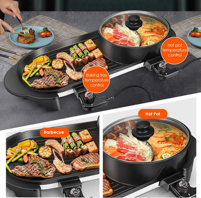 Grill Indoor Hotpot Pot Electric Combo,  Pot with Divider KBBQ Grill Smokeless Non-sti