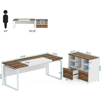 Office Furniture Desk Sets ,L-Shaped Desk With Drawers, 63" Office Desk With File Cabinet, Computer Executive Set